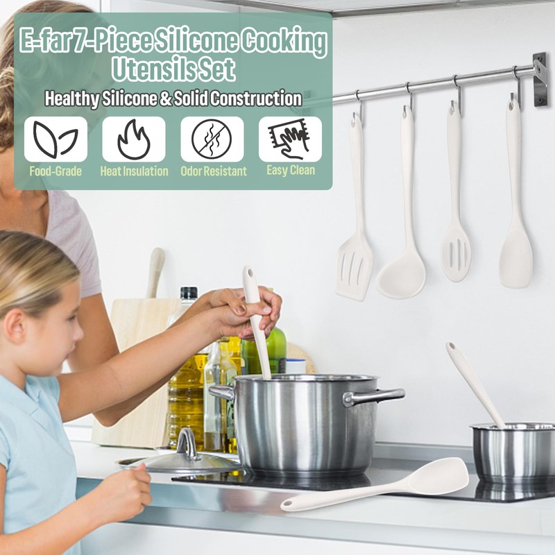 E-far Silicone Cooking Utensils Set, 7-Piece White Heat Resistant Kitchen