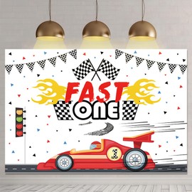 APROPHIC 2.1x1.5m Fast One 1st Birthday Banner Background for Boys, Red Boy Racing Cartoon Banner Black and White Flag Cool Kids 1st Birthday Party Decoration Photo Background