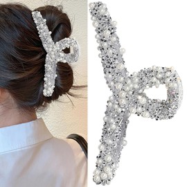 Xepeelo White Diamond Hair Clips - White Pearl Claw Clip - Super Glitter Rhinestone - French Crystal - Adult Hair Decoration for Thick, Thin, Straight, Curly Hair (1 Count)