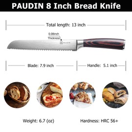 PAUDIN Bread Knife 8", Ultra Sharp Wave Edge - Forged Premium German HC Stainless Steel, Serrated Bread Knife for Homemade Bread and Sourdough Bread, Pakkawood Handle