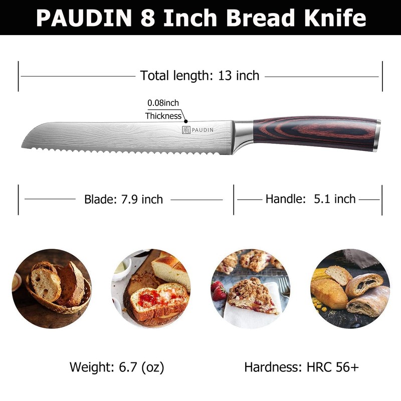 PAUDIN Bread Knife 8", Ultra Sharp Wave Edge - Forged