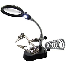 JZK Löthilfe-Lupenstation, (3.5X, 12x) Doppellupenlinse mit LED-Lichtlampe und Ständer Löten, Löthelfende Hände mit Lötkolbenständer, dritte Hand mit Lupe und Lötkolbenhalter Hilfe für Lötarbeiten