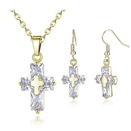 Zhang Trading Co., Ltd. Luxury Cross Diamond Zirconia Necklace+Hook Earrings Set for Womens 14K Yellow Gold