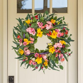 20" Colorful Butterfly Spring Summer Wreath with Green Leaves, Floral Artificial Wreath for Front Door Home Wall Wedding Farmhouse Holiday Outdoor Indoor Décor