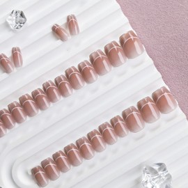 KQueenest French Cat Eye Press On Nails Short Coffin, 30 Pcs Glitter Pastel Nude Pink Press On Nails Summer, Sparkly Fake Nails With Glue, Glass Nails Press ons, Reusable Stick on Nail for Women Gift