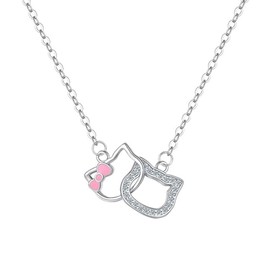 LENTQIUTT 1 Piece Cute Double Ring Cat Pendant Necklace, Double Ring Diamond Cat Necklace, Women Girls Necklace for Mum, Girlfriend, Sister