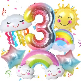 GGTTNRT 3rd Birthday Decorations For Girls 7 Pcs Birthday Balloons, With Clouds Rainbow Star Suns, 3rd Birthday Balloons, Birthday Party Supplies (Clouds)