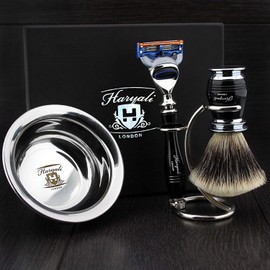 Premium 4-Piece Shaving Set with Luxury Razor, Silver Tip Badger Shaving Brush, Double Stand & Shaving Bowl - Haryali London Special Selection