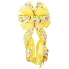 Long Easter Wreath Bows, Yellow Easter Eggs Pattern Spots Burlap Easter Bows for Wreaths - Large Easter Burlap Tree Topper Bows for Holiday Front Door Wreath Decorations Indoor Outdoor