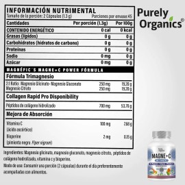 Magne + C. Magnesio, Vitamina C y Colágeno. Purely Organics. 90 cápsulas Sin Sabor.