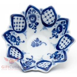 Gzhel Porcelain pin tray floral bone dish jem or caviar plate handmade Гжель