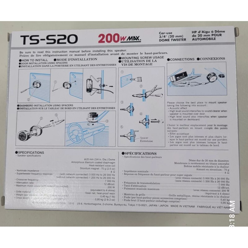 Pioneer TS-S20 200 Watt 3/4" High-Power Dome Car Tweeters Brand