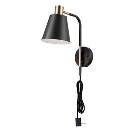 Globe Electric 51374 1-Light Plug-in or Hardwire Wall Sconce, Matte Black, Antique Brass Accents, Wall Lights for Bedroom, Kitchen Sconces, Wall Lights for Living Room, Bulb Not Included