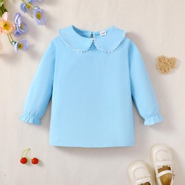 ZFZDRen 1-6Y Baby Ruffle Blouse Toddler Girl Peter Pan Lace Collar T-Shirts Kids Solid Color Long Sleeve Tee Girls Casual Top(Light Blue Long,4-5 Years)