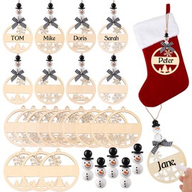 CCINEE Christmas Stocking Name Tags,12pcs Snowfalke Wooden Stocking Hanging Tags with Snowman Beads and Bow for Christmas Stocking Tree Home Farmhouse Decoration
