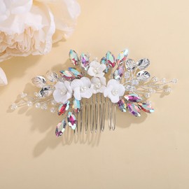 Teyglen White Flower Hair Comb Bridal Crystal Pearl Beads Hair Comb Floral Flower Headpiece Gold Leaf Rhinestone Hair Piece Hair Accessories for Women (Ab color)