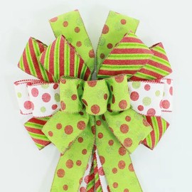 SALOCY Christmas Tree Topper,45"x12" Large Green Christmas Bow Tree Decor, Red Green Dot Polyester Bow for Xmas Ornament for Family, Wedding, Indoor Outdoor Thanksgiving Christmas Decoration