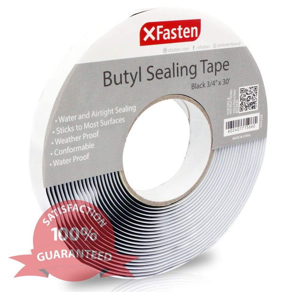 XFasten Black Butyl Seal Tape 1/8-Inch x 3/4-Inch x 30-Foot Leak Proof Putty Tape for RV Repair, Window, Boat Sealing, Glass and EDPM Rubber Roof Patching