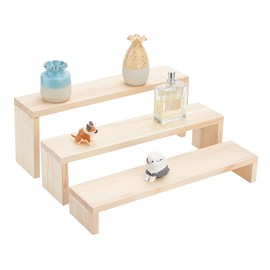 AHANDMAKER Wooden Display Riser Stand Tiered Countertop 3 Tier Counter Shelf Display Shelf for Perfume, Makeup, Figure, Dolls Collection, Condiment, Log Color, Burlywood Width 13.78inch(35cm)