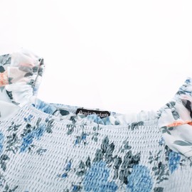 Scarlet Darkness Women's Floral Print Summer Dresses Square Neck Puff Sleeve A Line Long Dress Smocked Flowy Midi Dress Light Blue 2XL