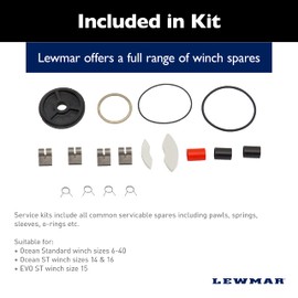 Lewmar Service Kit for Ocean Standard Winch 6-40, Self Tailing 14-16, EVO ST 15 – Service kit for Ocean ST 6-40, EVO ST winches size 30-50; includes spare spawls, springs, sleeves, clamps and o-rings