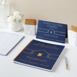 Juvale 2 Pack Sign in Book for Open House Visitors, Guest Registry with 2 Pack Realtor Tent Cards for Real Estate Agent Supplies, Home Sale Business (Navy Blue, 8.5x11)