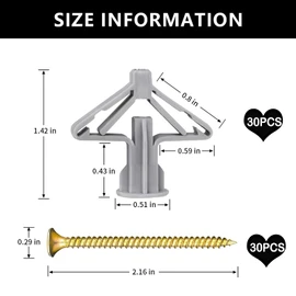 Plasterboard Wall,Plugs and Screws/Wall Fixing Plastic Expansion/Plug Anchor Bolts Anti Rotate Heavy Duty with Countersunk Screws for TV Wall Brackets Hollow Drywall Cavity (Grey, 30PCS)
