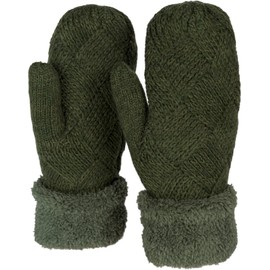 styleBREAKER Women warm winter knitted mittens, gloves with diamond pattern, thermo fleece, knitted gloves 09010031, Colour:Olive