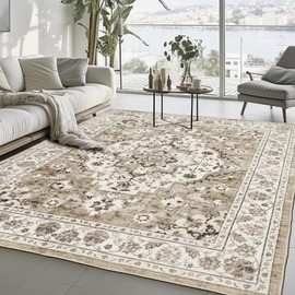 Brevonox Area Rug for Living Room - Indoor Machine Washable Rug for Bedroom Vintage Rug Dinning Room Floor Carpet Non-Slip Backing Rugs Floral Soft Low-Pile Office Rug (Ivory/Beige, 6' × 9')