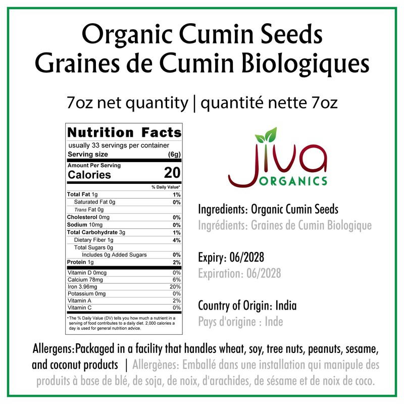 Jiva USDA Organic Cumin Seeds Whole 7oz - Packaged in