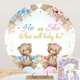7.2x7.2ft Polyester He or She Baby Shower Round Backdrop Cover Golden Dots What Will Baby Be Lovely Bear Circle Photography Background Watercolor Floral Balloons Gender Reveal Baby Shower Decorations