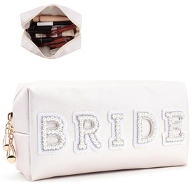 Preppy Makeup Bag，Travel Makeup Bag，Pearl Rhinestone Monogrammed Cosmetic Bag, Skincare, toiletries, Birthday Gift for Women, Daughters, Brides, Friends (Bride)