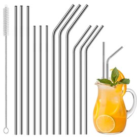 Vinaco Stainless Steel Straws Reusable, 12 Pack 8.5" & 10.5" Metal Straws 0.24" for 20 oz - 32 oz Tumblers, Long Drinking Straws with Cleaning Brush for Coffee, Juice, Cocktail and Hot Drinks