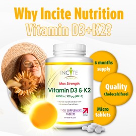 Vitamin D3 K2 (MK7) 100ug - 6 Month’s Supply - High Strength 180 Tablets - Premium Vegetarian Tablets - Suitable for Vegetarian - Vitamin D3, 4000iu & Vitamin K2 - Made in UK