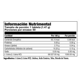 L-lisina KAL 50 Tabletas Lisina Suplemento Nutricional Sin Sabor Vegano                                                                               