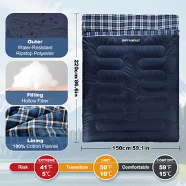 WKFAMOUT Double Sleeping Bag for Adults Machine Washable 2 Person Camping Sleeping Bag Queen Size Waterproof with Compression Sack for Cold Weather 3-4 Seasons