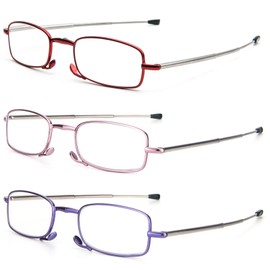 REAVEE 3 Pack Folding Reading Glasses with Keychain Compact Bags for Women Men, Blue Light Blocking Spring Hinge Portable Pocket Readers, Red Pink and Purple 2.25