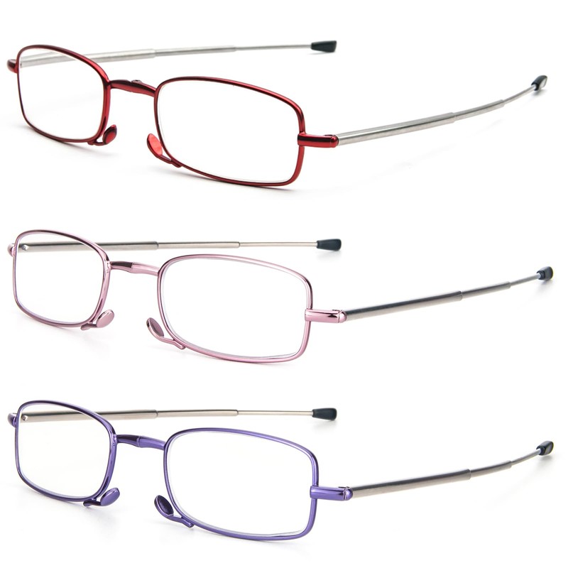 REAVEE 3 Pack Folding Reading Glasses with Keychain Compact Bags