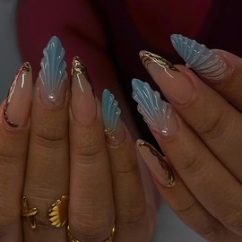 Summer Press on Nails Medium Length Almond Shape Glue on Nails Fake Nails with Starfish Charm Pearl Design 3D Resin Scallop Golden Stripe Print Acrylic False Nails Kits Stick on Nails for Women 24PCS