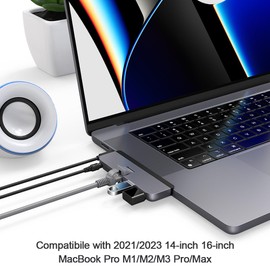 Qwiizlab Adaptador USB C Hub 5 en 1, Gigabit Ethernet, puerto USB 3.0, lector microSD, conector de audio de 3.5 mm para MacBook Pro 2023/2021 de 14 pulgadas y 16 pulgadas M3/M2/M1 Pro/Max (gris)