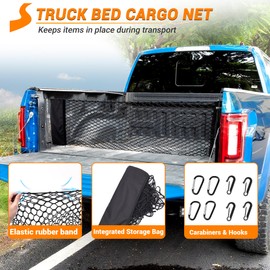 SS VISION Truck Bed Cargo Net, Truck Bed Storage Net with Storage Organize Bag Highly Elastic Small Mesh Cargo Net 4 Self-Locking Metal Carabiners for 2013-2024 Chevy Silverado (16.9" X 49" to 62")