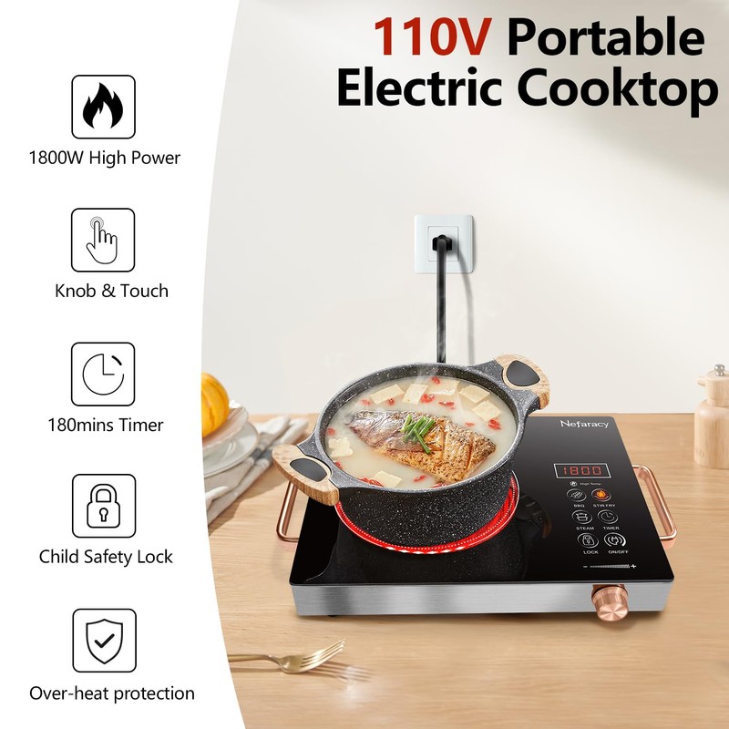 Single Burner Electric Cooktop 110V, Nefaracy Portable Electrical Stove 1800W
