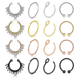 VCMART Fake Nose Rings Hoop 12-16pcs Stainless Steel Faux Fake Lip Ear Nose Septum Ring Non-Pierced Clip On Nose Hoop Rings