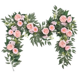 SOMYTING 2PCS Artificial Flower Garland with Roses 6.56 FT Artificial Eucalyptus Vine with Flowers Floral Greenery Garlands for Wedding Party Centerpiece Table Backdrop Wall Decor (Pink, 2PCS)