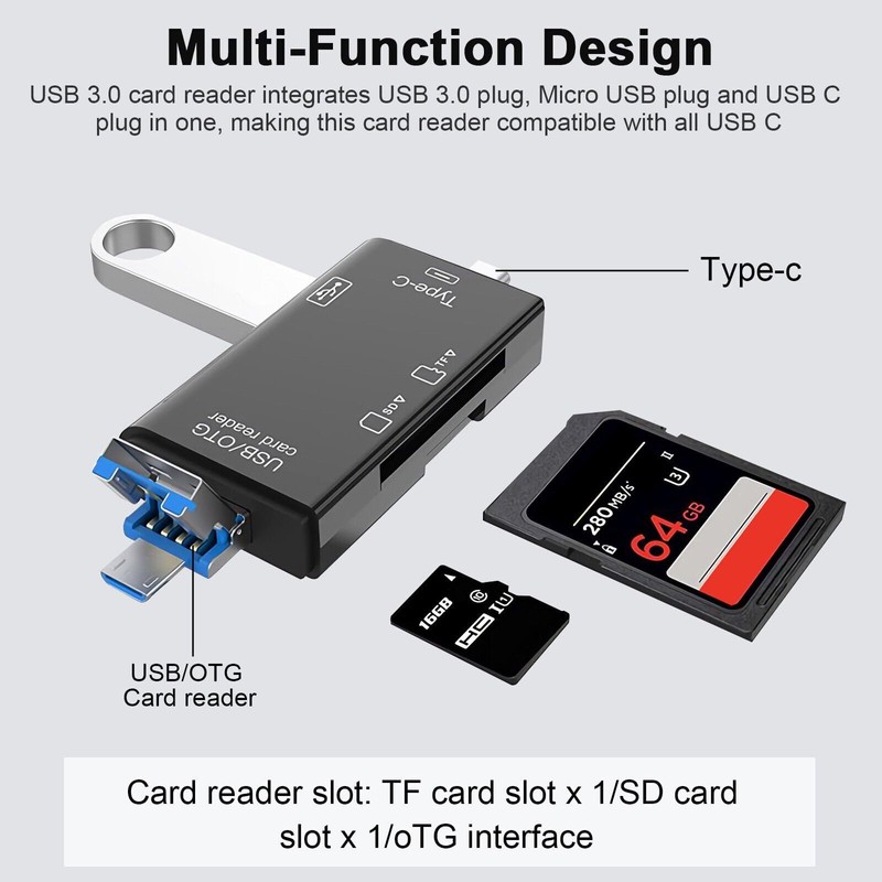 6-in-1 Type-C USB Card Reader for Smartphone and PC, USB20