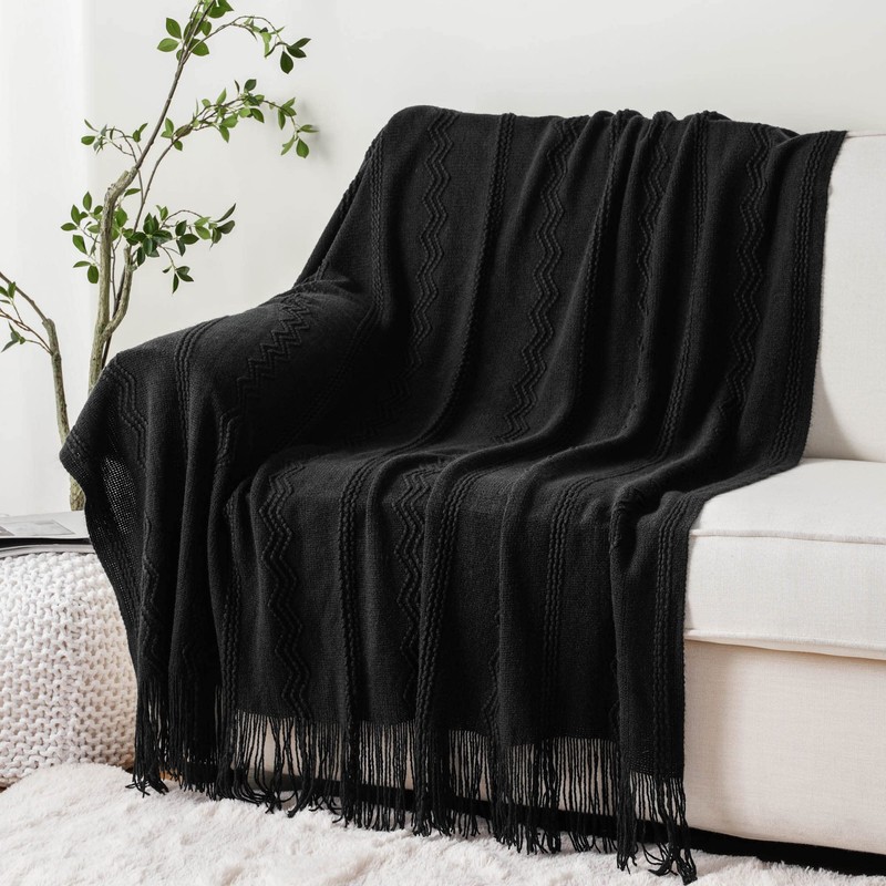 Battilo Black Throw Blanket with Fringe, Bed Throws for Home