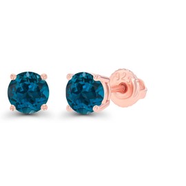 14K Rose Gold Plated Sterling Silver 5mm Round Natural London Blue Topaz December Birthstone Screwback Stud Earrings