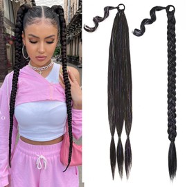LADY MIRANDA Braided Ponytail Extension with Sparkling Tinsel 34 Inch Natural Black Straight Wrap Around Pony Tails Hair Extensions with Hair Tie Synthetic braid Ponytail Hair Piece for Women