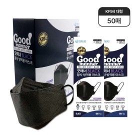 Good Manners 국산 KF94 마스크 굿매너 대형 블랙 50매 (1매입) Korean-made KF94 Mask Good Manners Large Black 50 Sheets (1 Sheet)