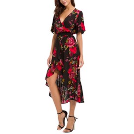 Kormei Womens Short Sleeve Floral High Low V-Neck Flowy Party Long Maxi Dress S Black&Red